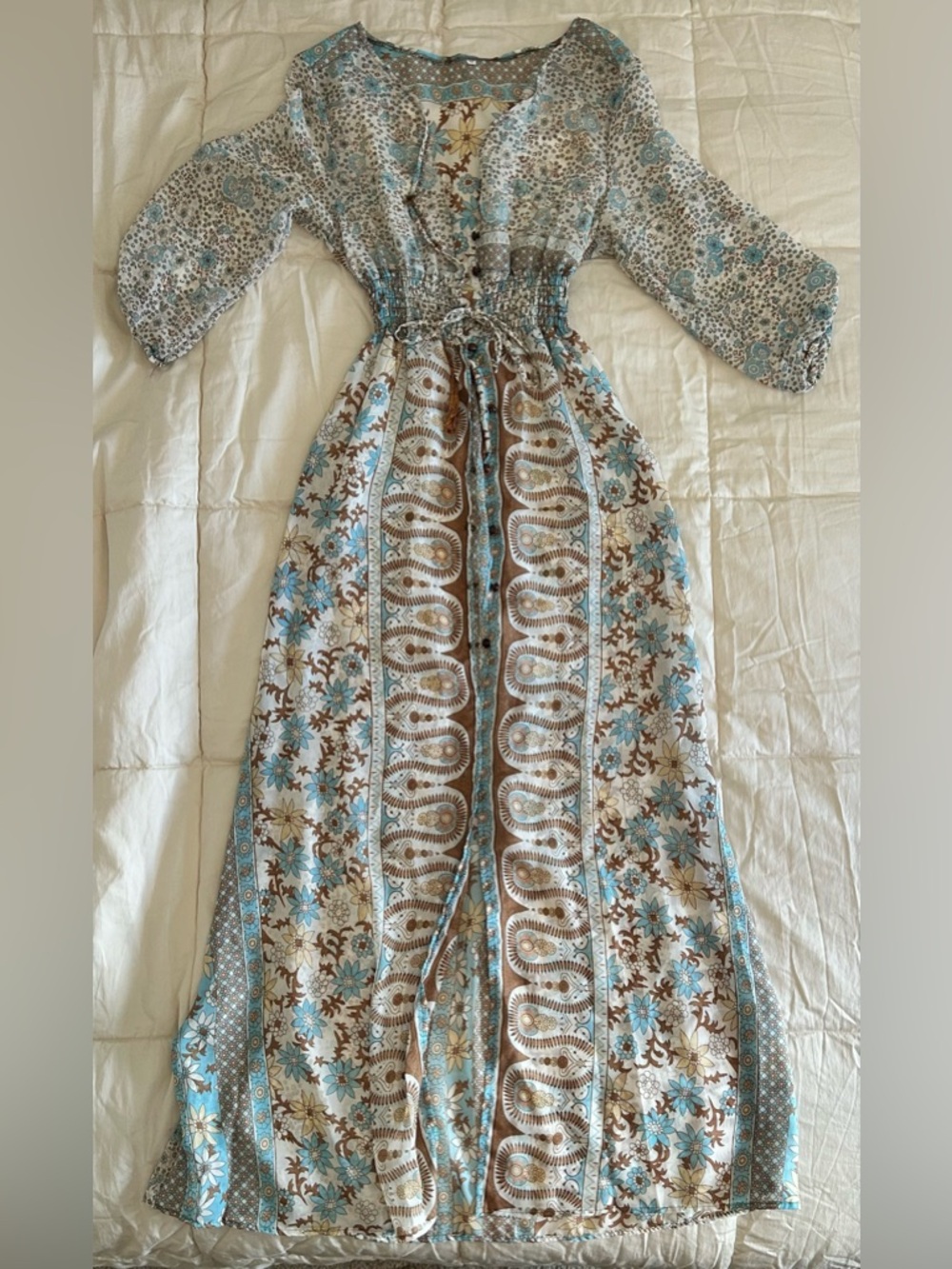 Boho V-Neck Floral Maxi Dress in Blue and Brown